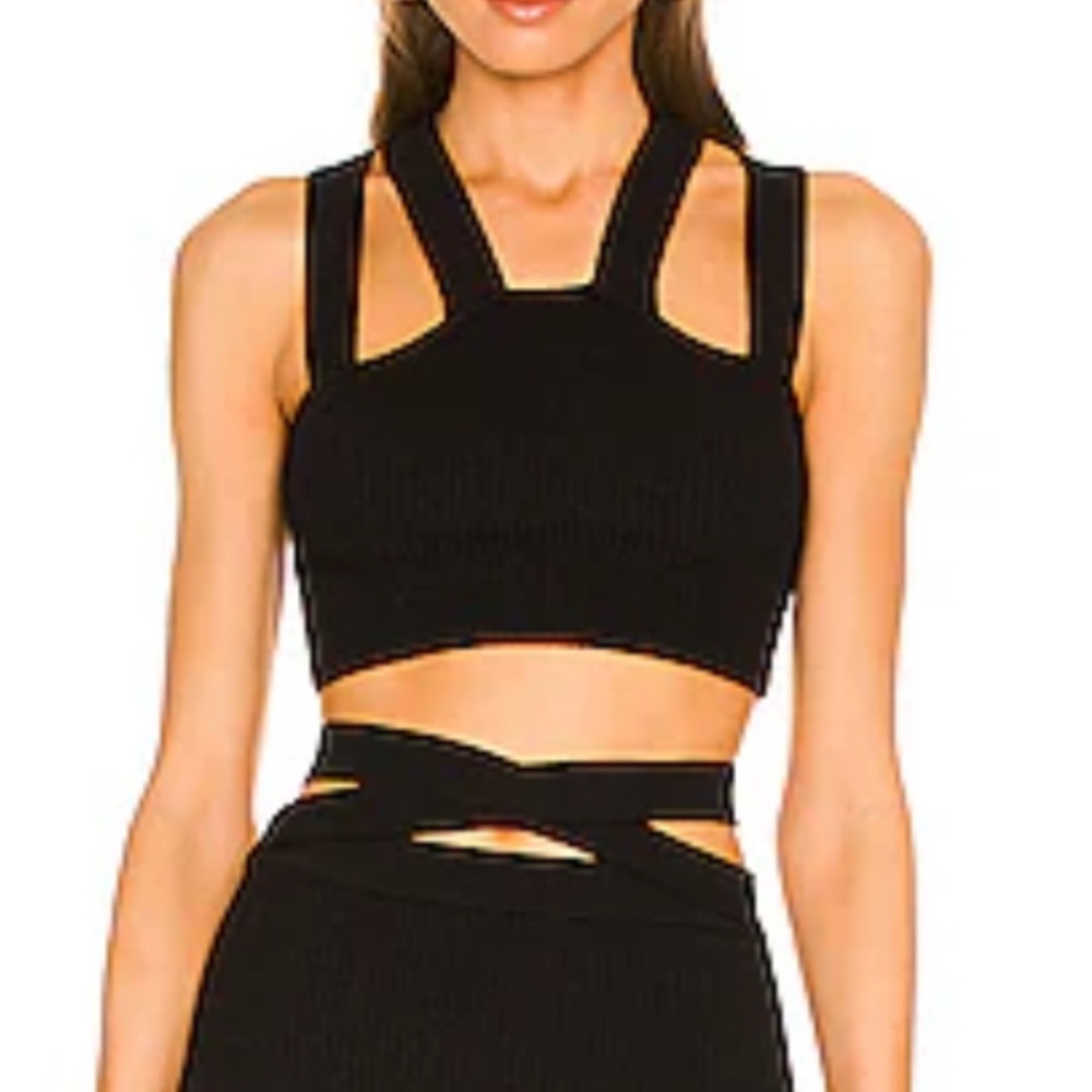 Michael Costello Black Ribbed Cutout Crop Top
